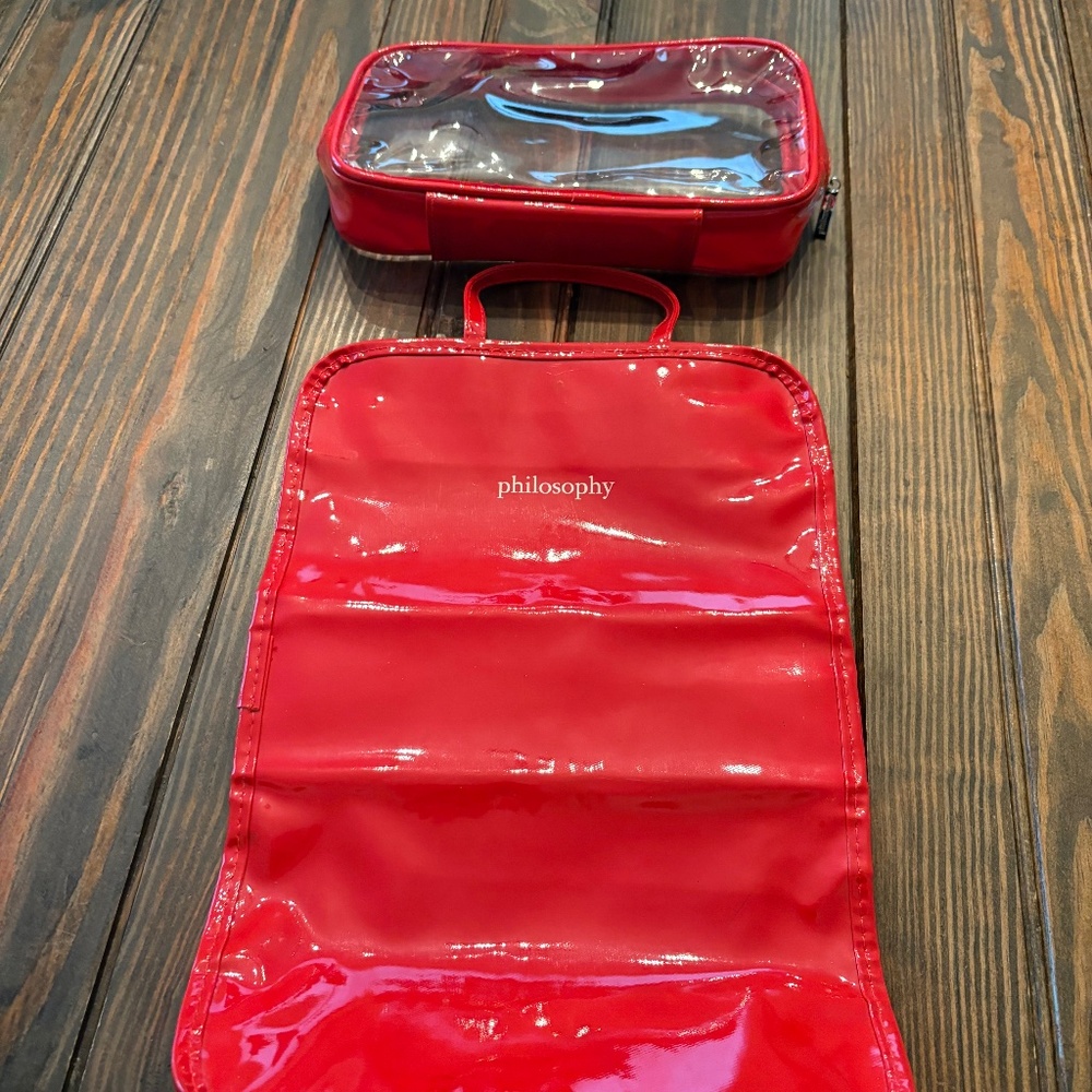 Philosophy Multi Compartment Zip Handle Cosmetic Bag Makeup Organizer Red